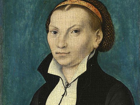 Porträt von Katharina von Bora, Ehefrau Martin Luthers, in historischer Darstellung.