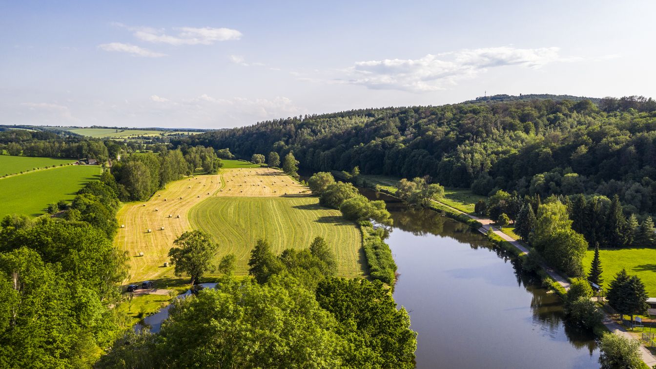 Die Zwickauer Mulde schlängelt sich durch das Rochlitzer Muldental in Rochlitz, umgeben von üppigem Grün.