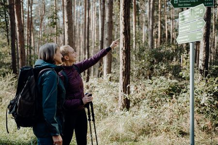 Das Bild zeigt zwei Wanderinnen auf einem Waldweg der Dübener Heide, die sich an einem Wegweiser informieren.