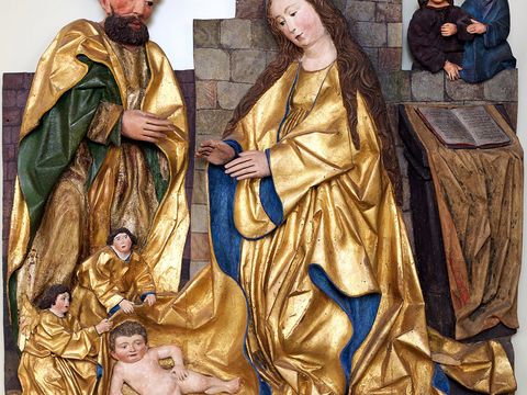 Blick auf ein Gemälde, dass die Geburt Christi darstellen soll.