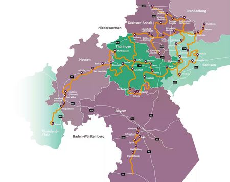 Das Bild zeigt eine Karte der sieben Lutherwege in Deutschland.