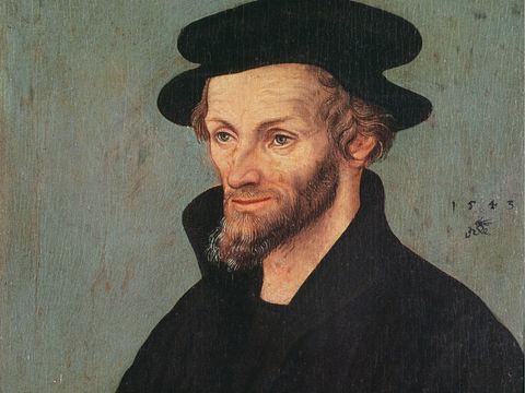 Porträt von Philipp Melanchthon, Theologe und Weggefährte Martin Luthers, in historischer Darstellung.