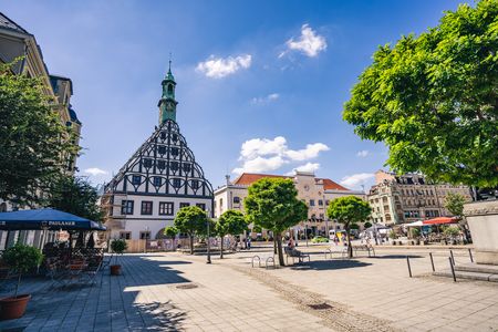 Marktplatz in Zwickau mit Rathaus bei sonnigem Wetter und blauem Himmel.