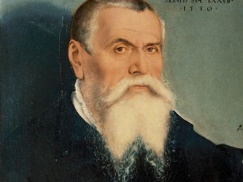 Porträt von Lucas Cranach dem Älteren, Maler und Weggefährte Martin Luthers, in historischer Darstellung.