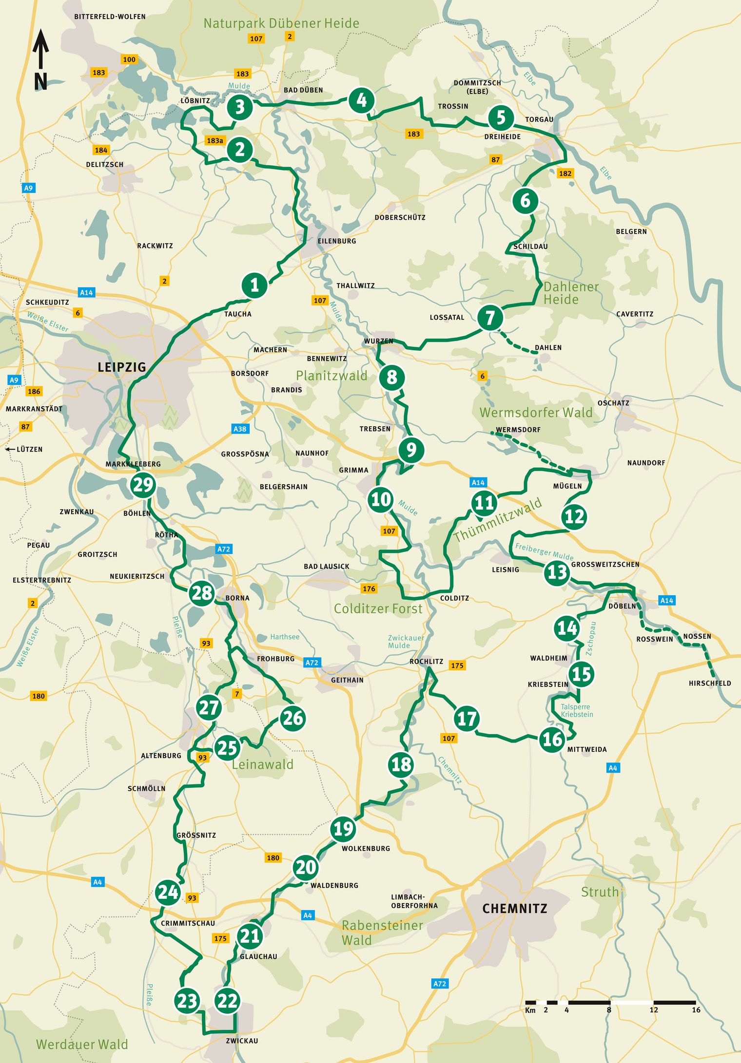 Übersichtskarte des Lutherwegs Sachsen mit eingezeichneten Etappen und markierten Stationen entlang des Weges.