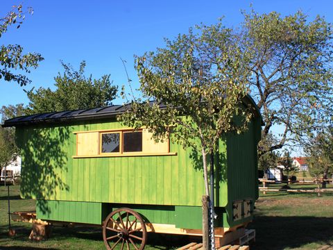 Grüner Schäferwagen auf dem Geschichtenhof Wyhra in Borna, umgeben von Wiesen und Bäumen, ländliche, grüne Umgebung.