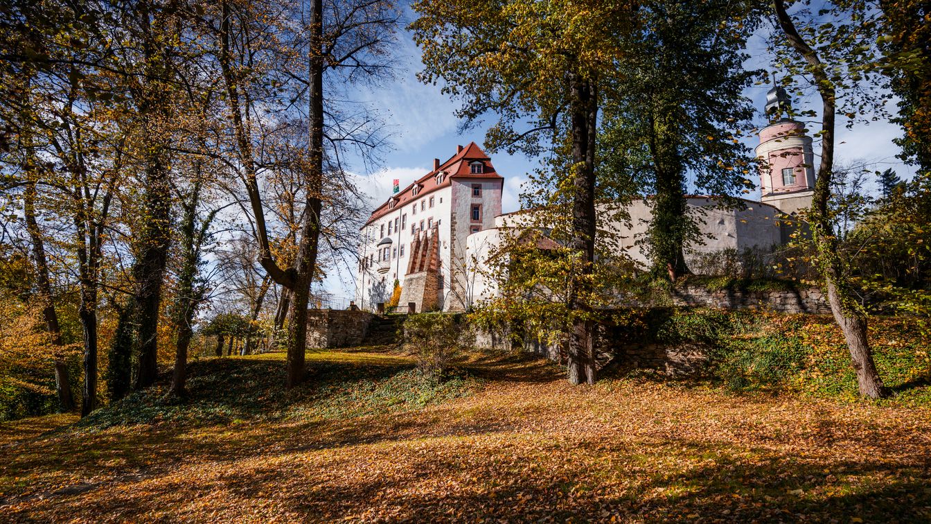 Im Vordergrund ein herbstlicher Waldweg mit Bäumen. Im Hintergrund sieht man Schloss Wolkenburg.