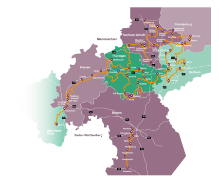Das Bild zeigt eine Karte der sieben Lutherwege in Deutschland.