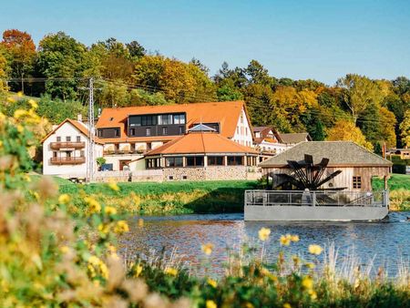 Das Bild zeigt die Anlage des Hotels Zur Schiffsmühle in Grimma hinter dem Flusslauf der Mulde.